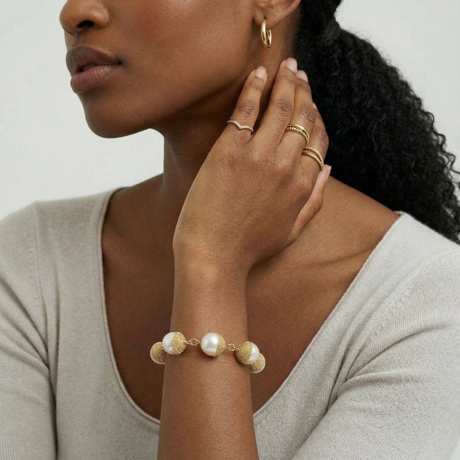 Golden Mesh Pearl Bracelet For Women In 14K Gold Plated Eco-Brass