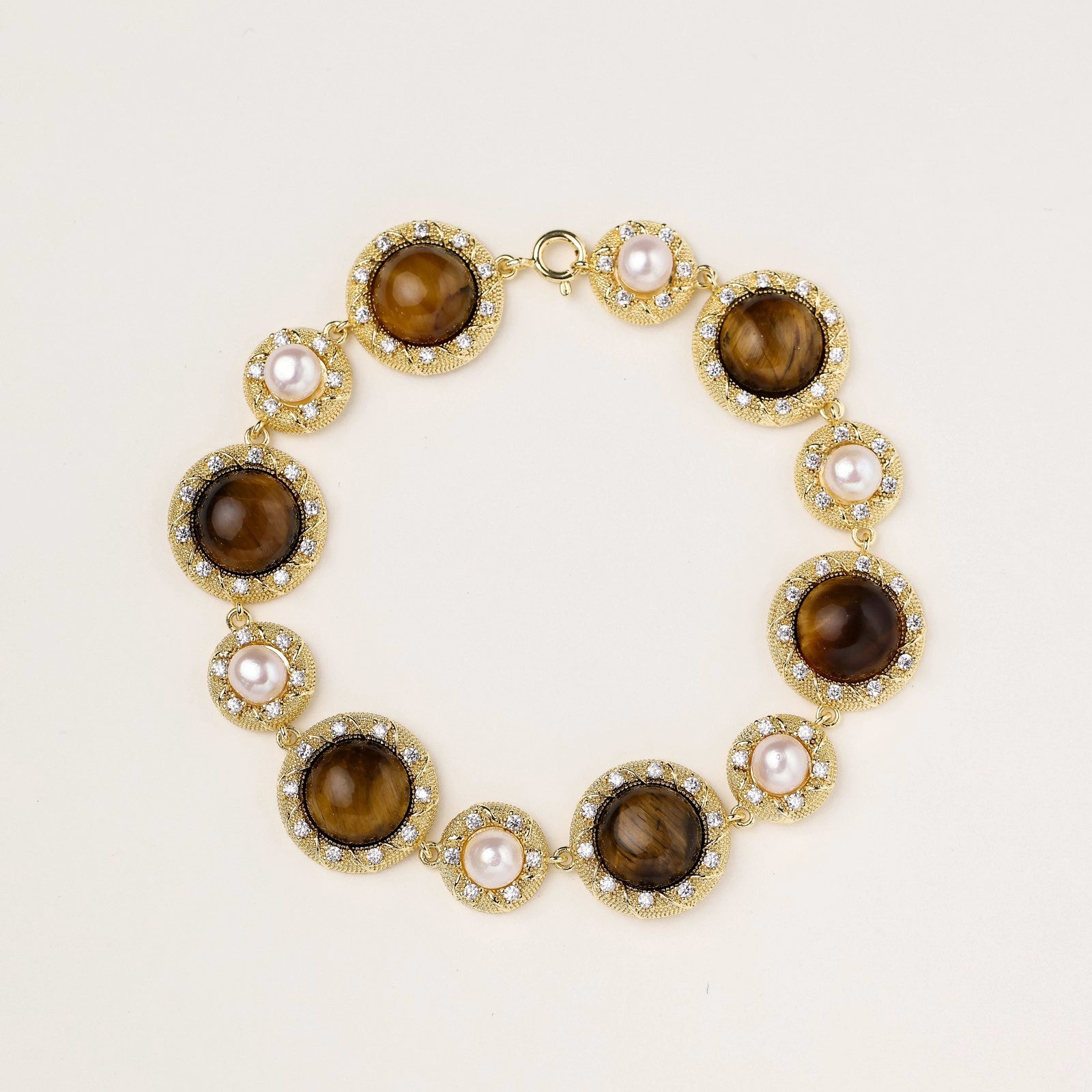 Tiger's Eye Pearl Wisdom Bracelet In 14K Gold Plated Eco-Brass