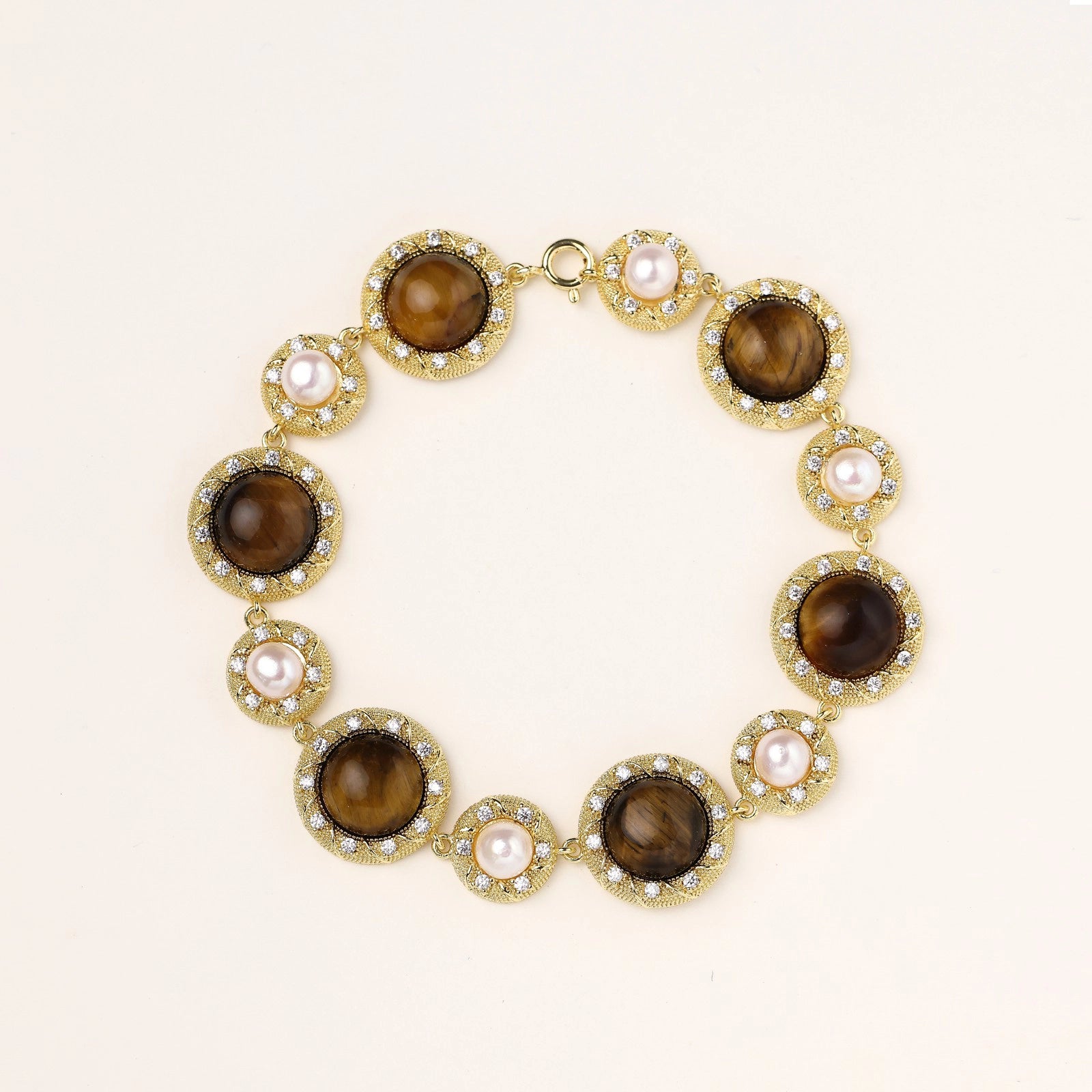 Tiger's Eye Pearl Wisdom Bracelet In 14K Gold Plated Eco-Brass