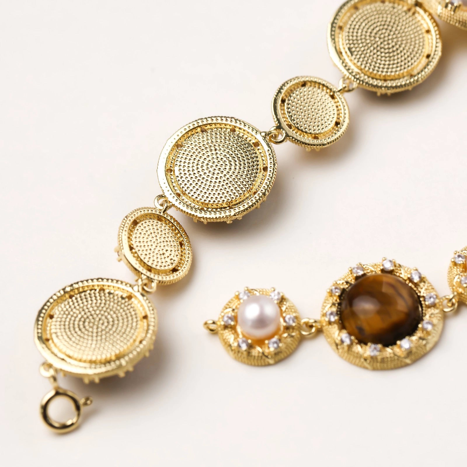 Tiger's Eye Pearl Wisdom Bracelet In 14K Gold Plated Eco-Brass