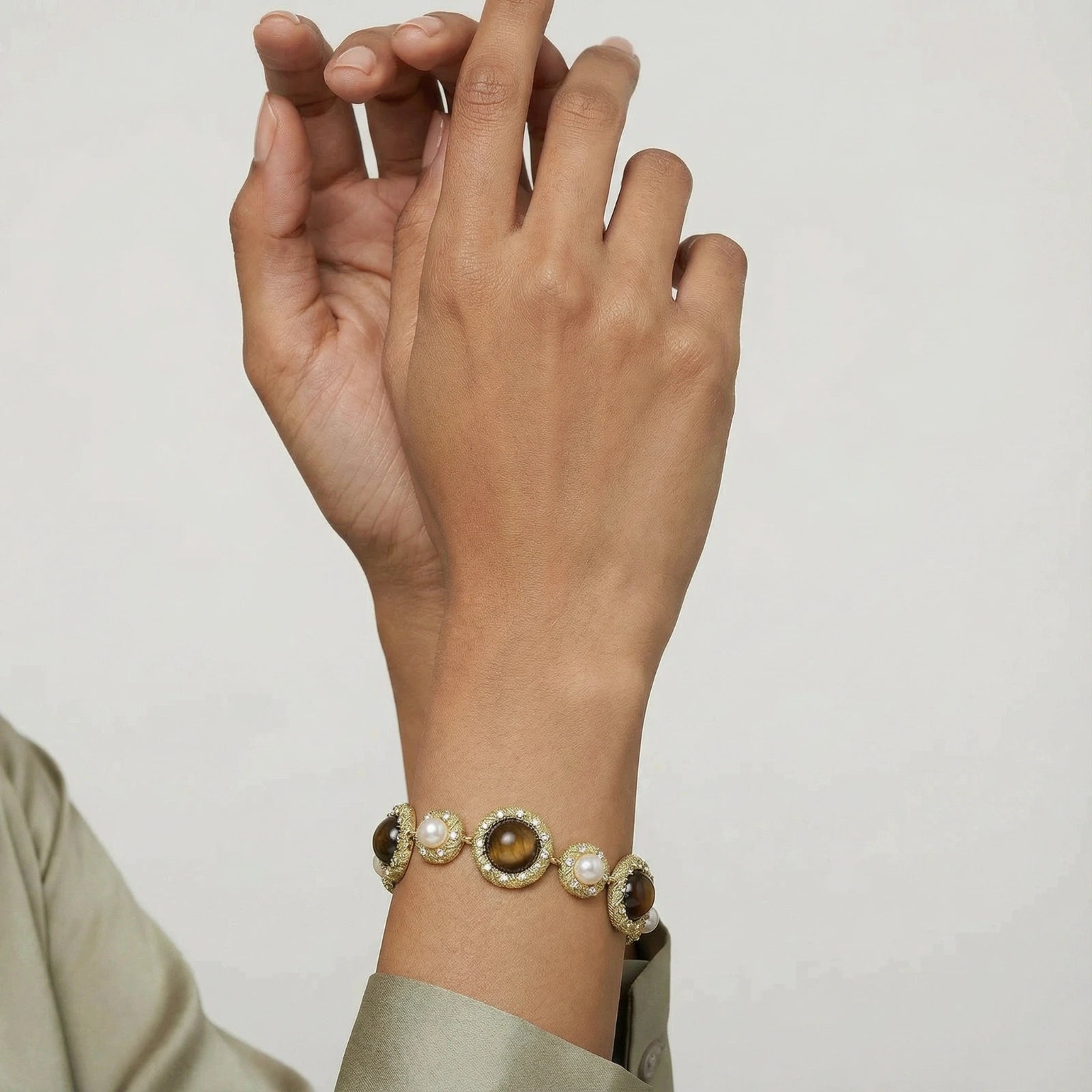 Tiger's Eye Pearl Wisdom Bracelet In 14K Gold Plated Eco-Brass