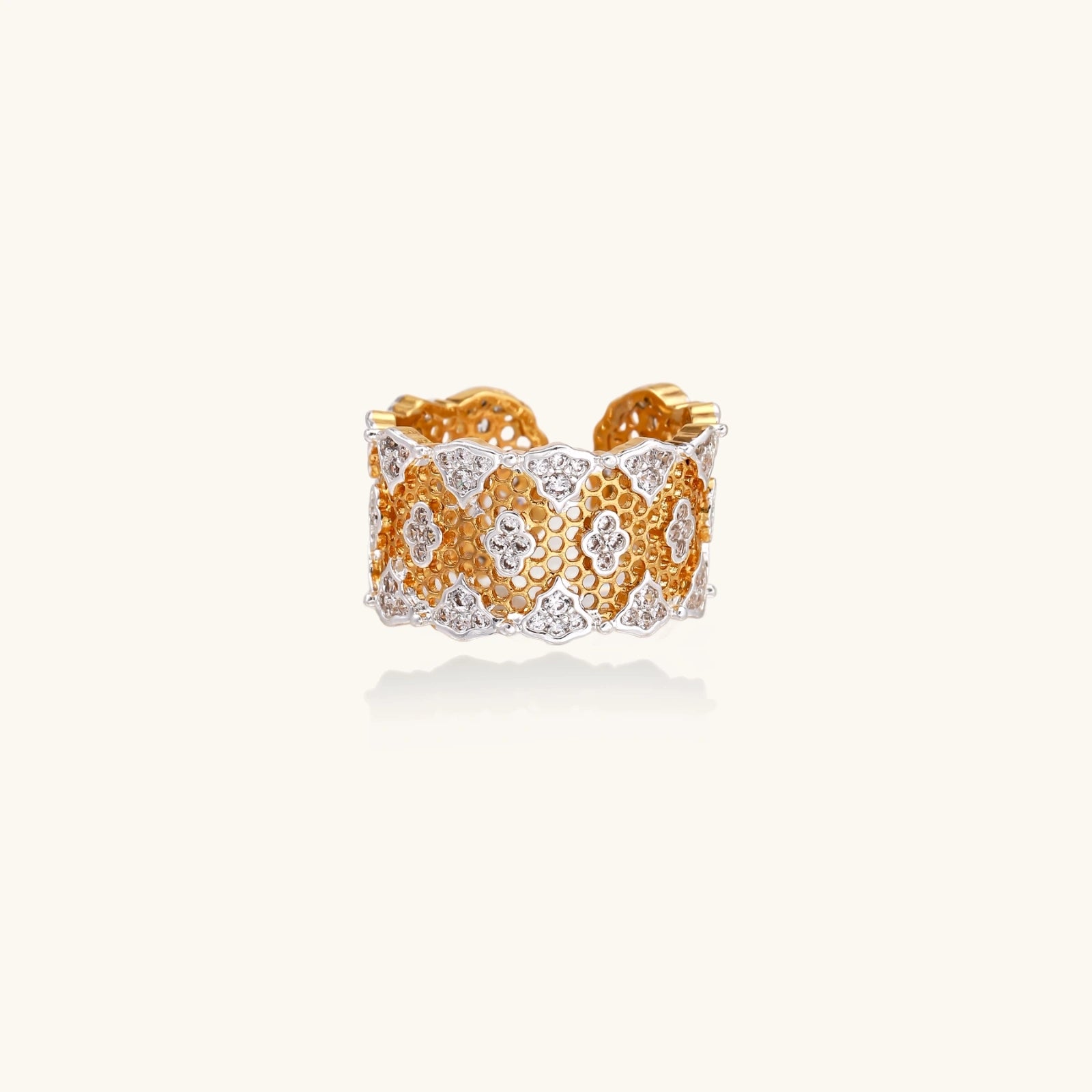 Honeycomb Crystal Power Ring In 18K Gold Plated Eco-Brass With Zirconia