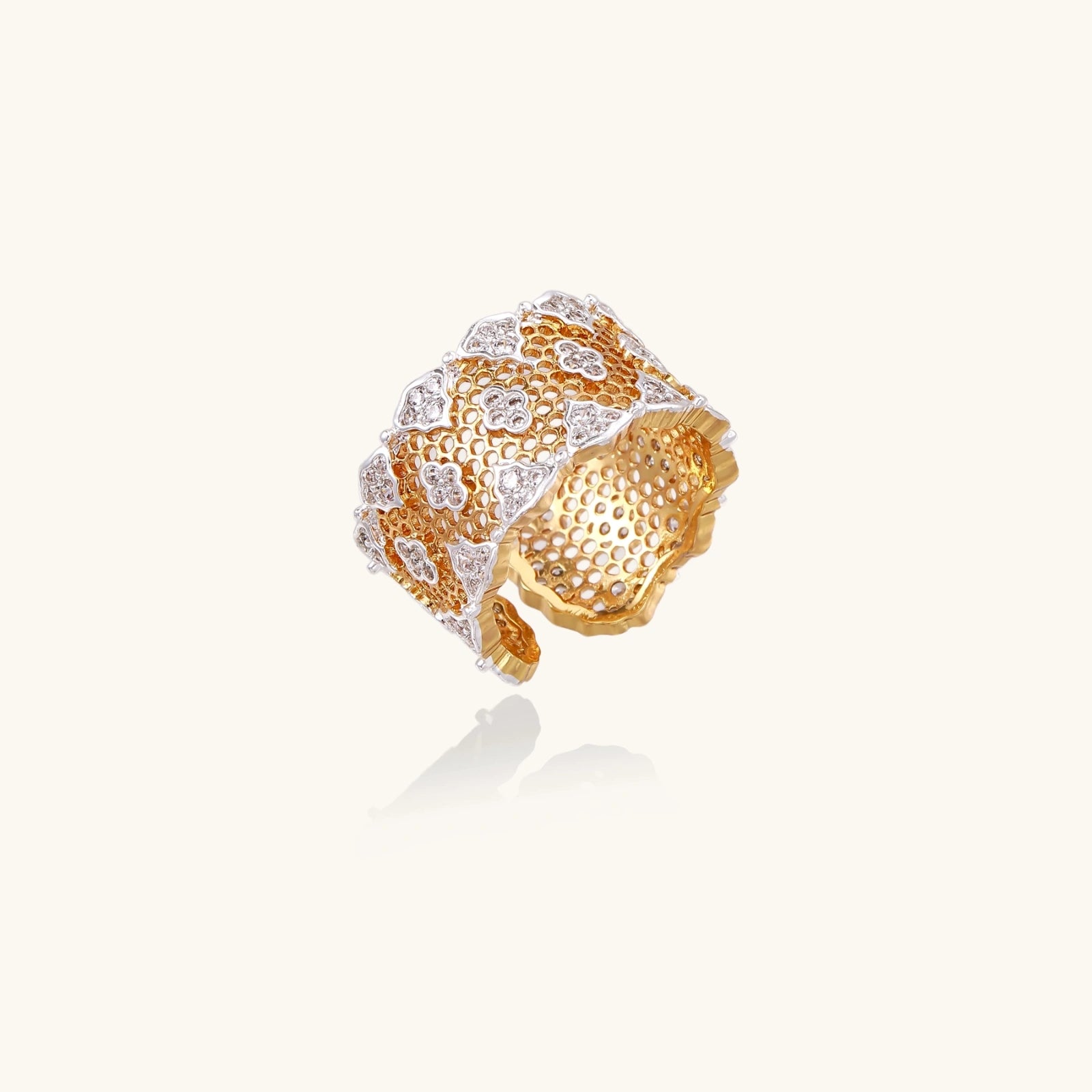 Honeycomb Crystal Power Ring In 18K Gold Plated Eco-Brass With Zirconia