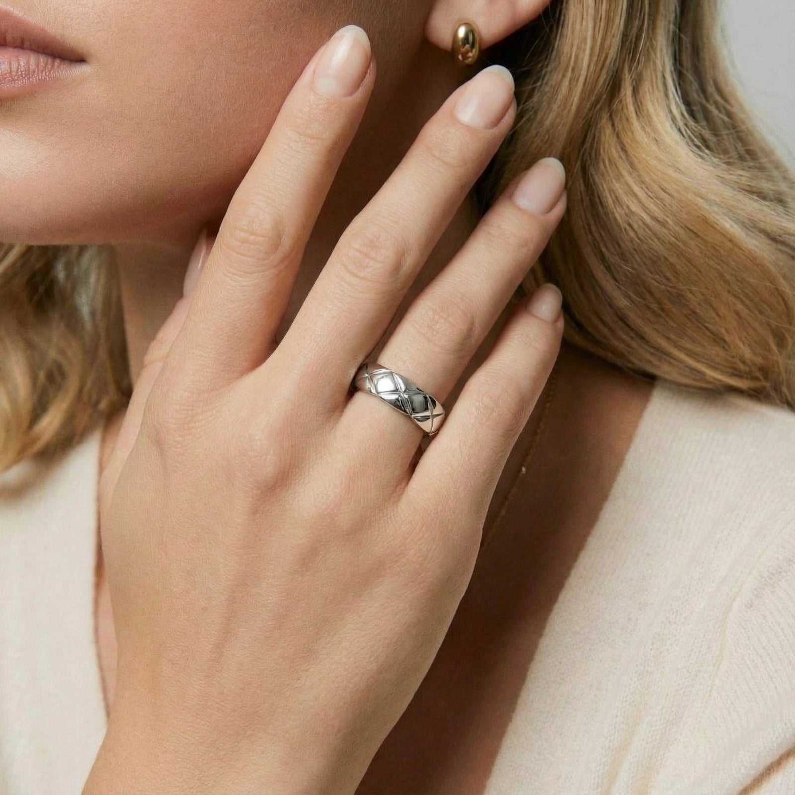 Quilted Steel Ring For Women In  304 Stainless Steel