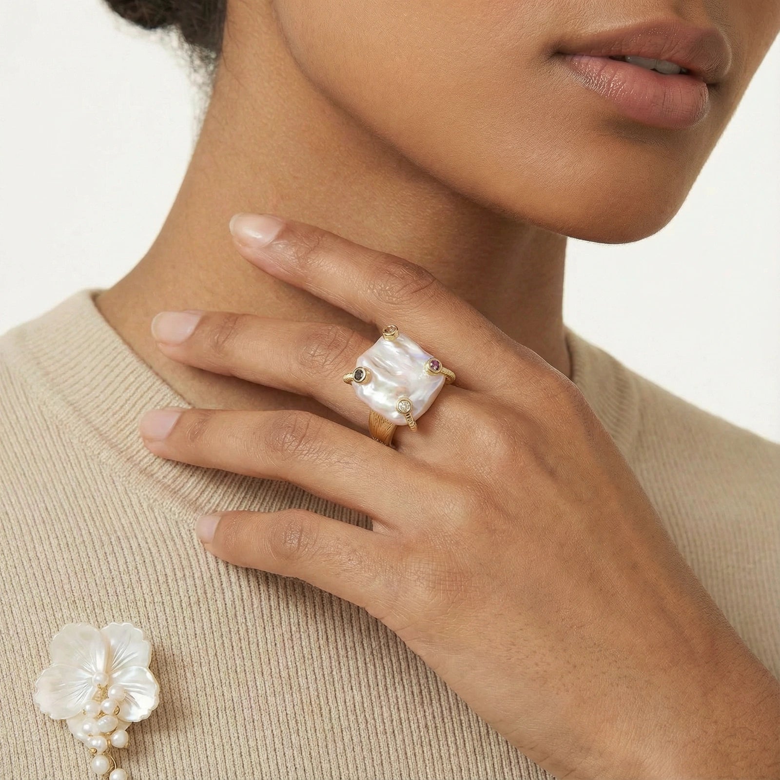 Baroque Pearl Statement Ring In 14K Gold Plated Eco-Brass With Freshwater Pearl