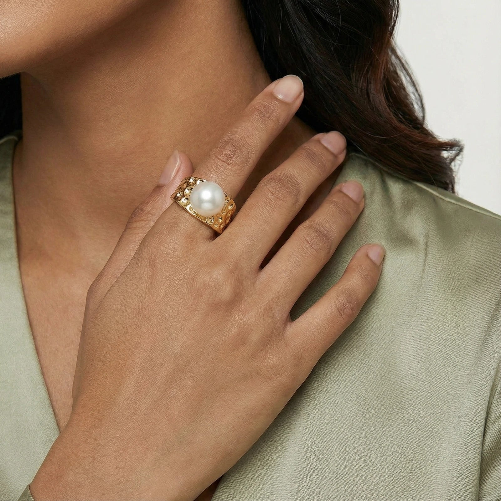 Golden Tide Pearl Ring In 14K Gold Plated Eco-Brass With Freshwater Pearl
