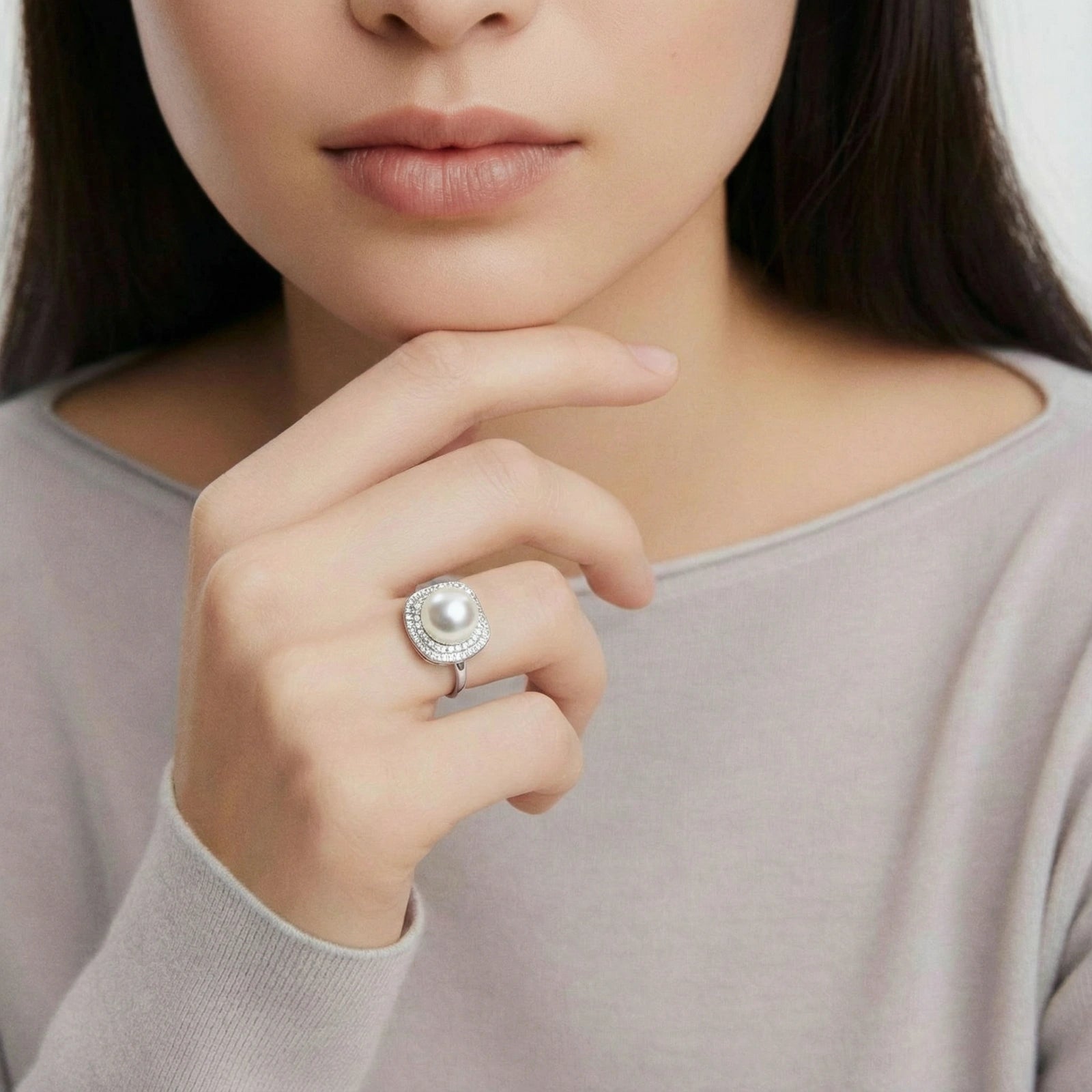 Pearl Halo Dreams Ring In Rhodium Plated S925 Silver With Freshwater Pearl
