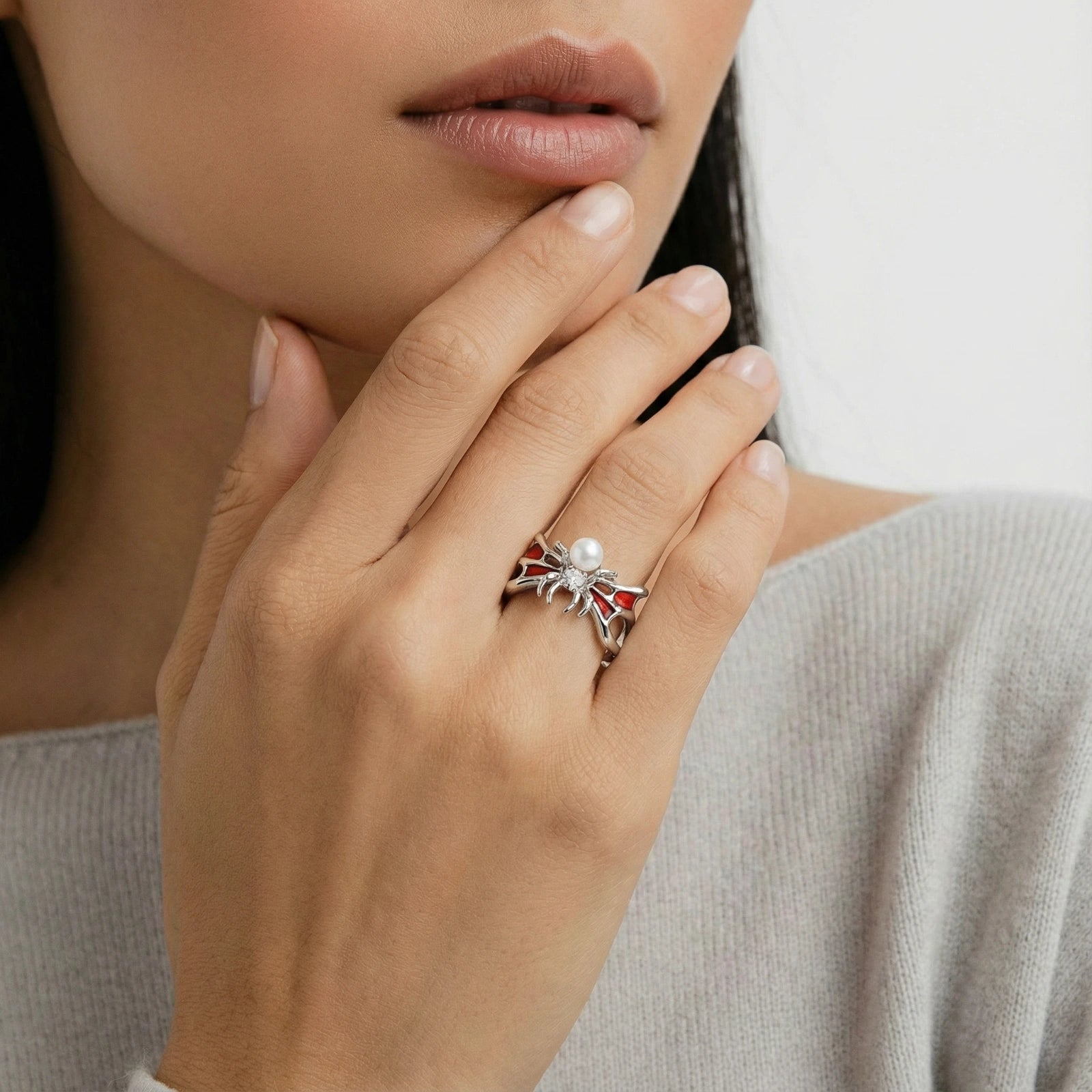 Crimson Spider Ring In White Gold Plated Eco-Brass With Zirconia