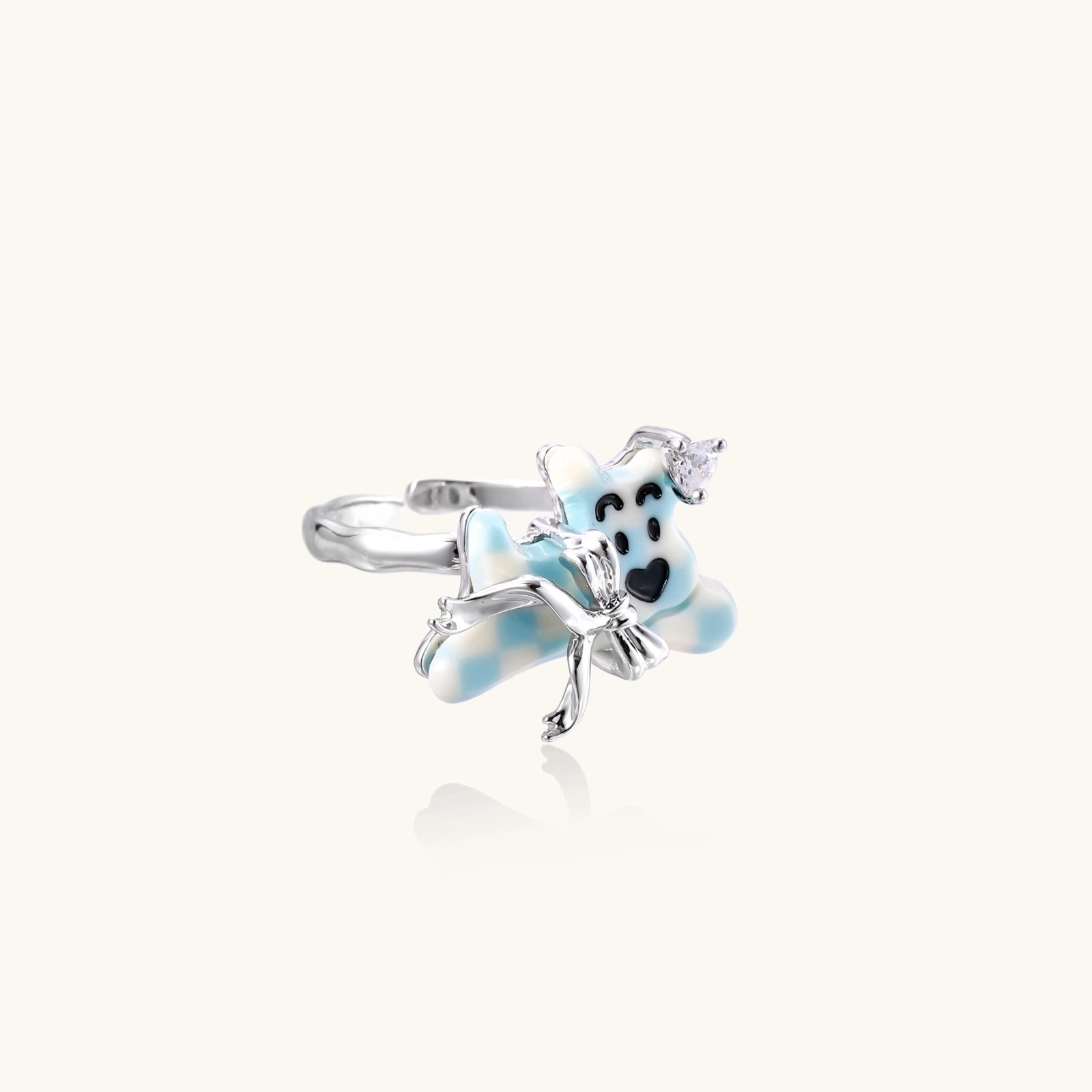Dreamy Panda Flower Ring In White Gold Plated Eco-Brass With Zirconia