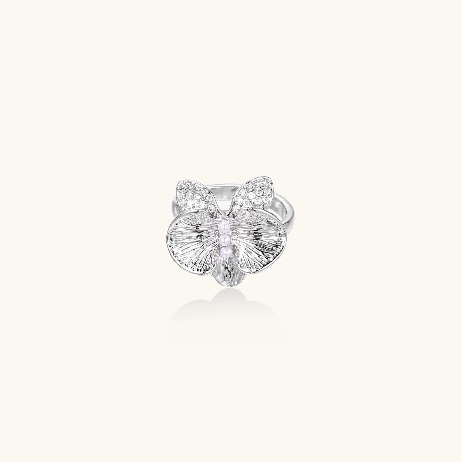Pearl Orchid Ring In White Gold Plated Eco-Brass With Zirconia