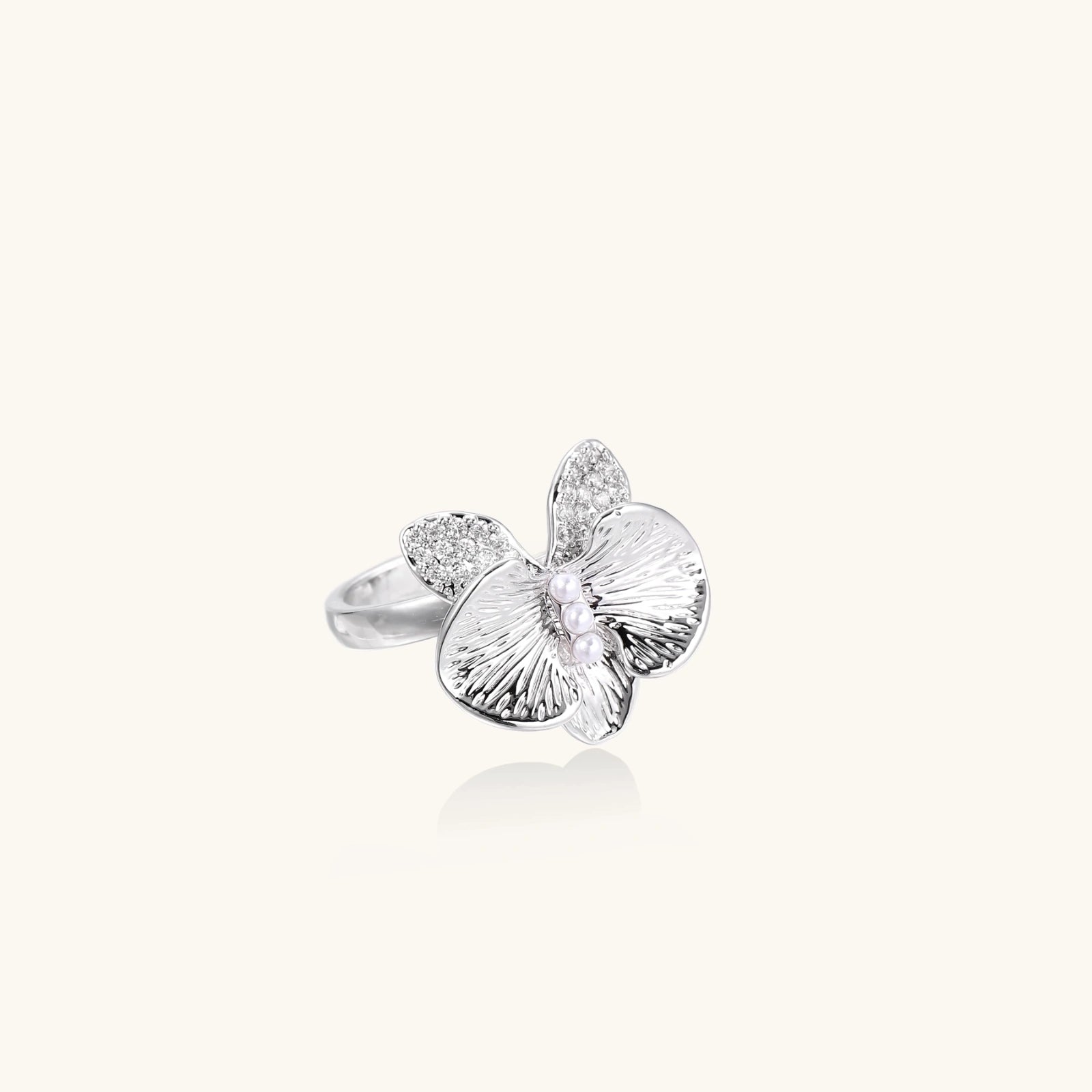Pearl Orchid Ring In White Gold Plated Eco-Brass With Zirconia
