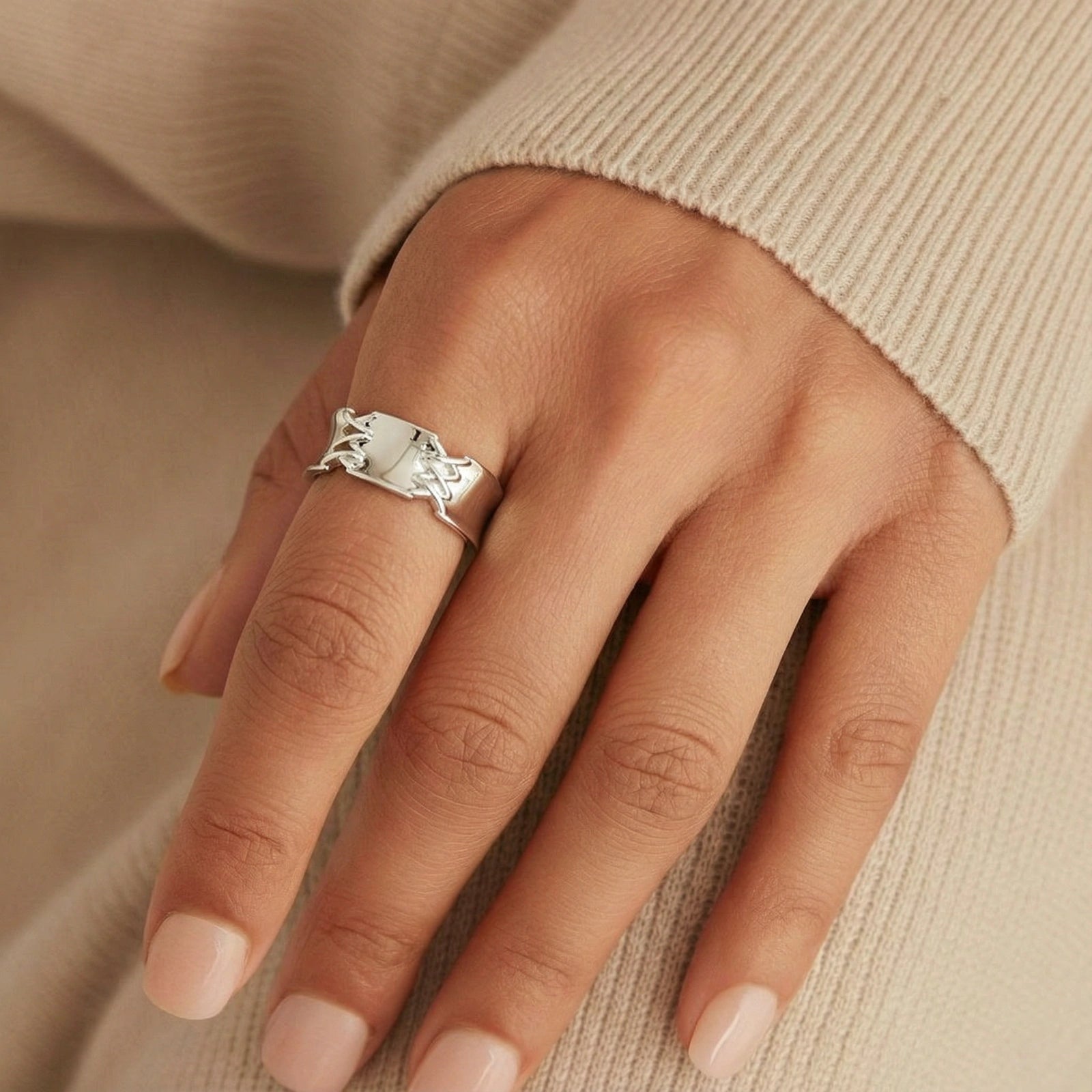 Chain Bridge Cuff Ring For Women In White Gold Plated Eco-Brass