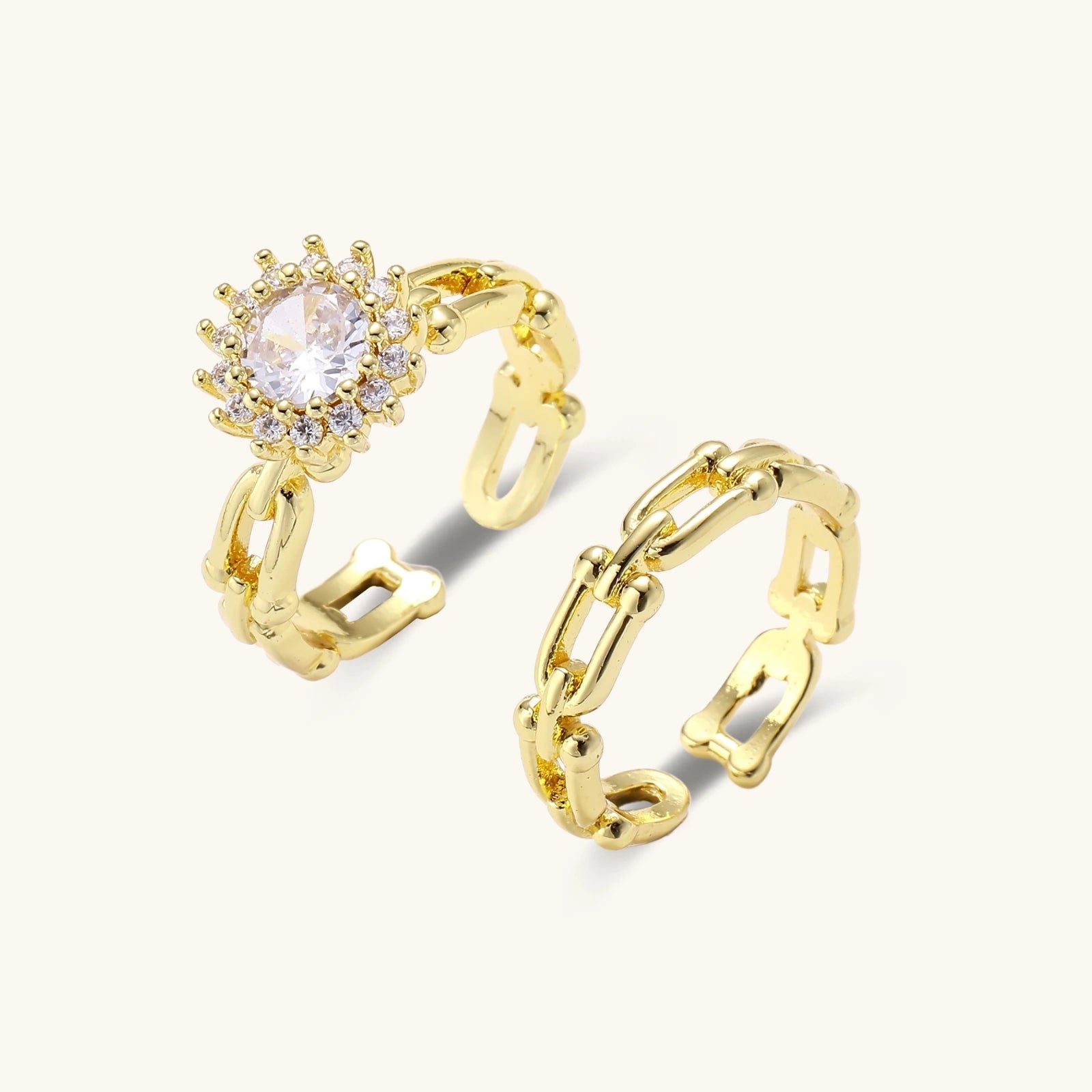 Golden Hour Chain Ring Set In 18K Gold Plated Eco-Brass With Cubic Zirconia