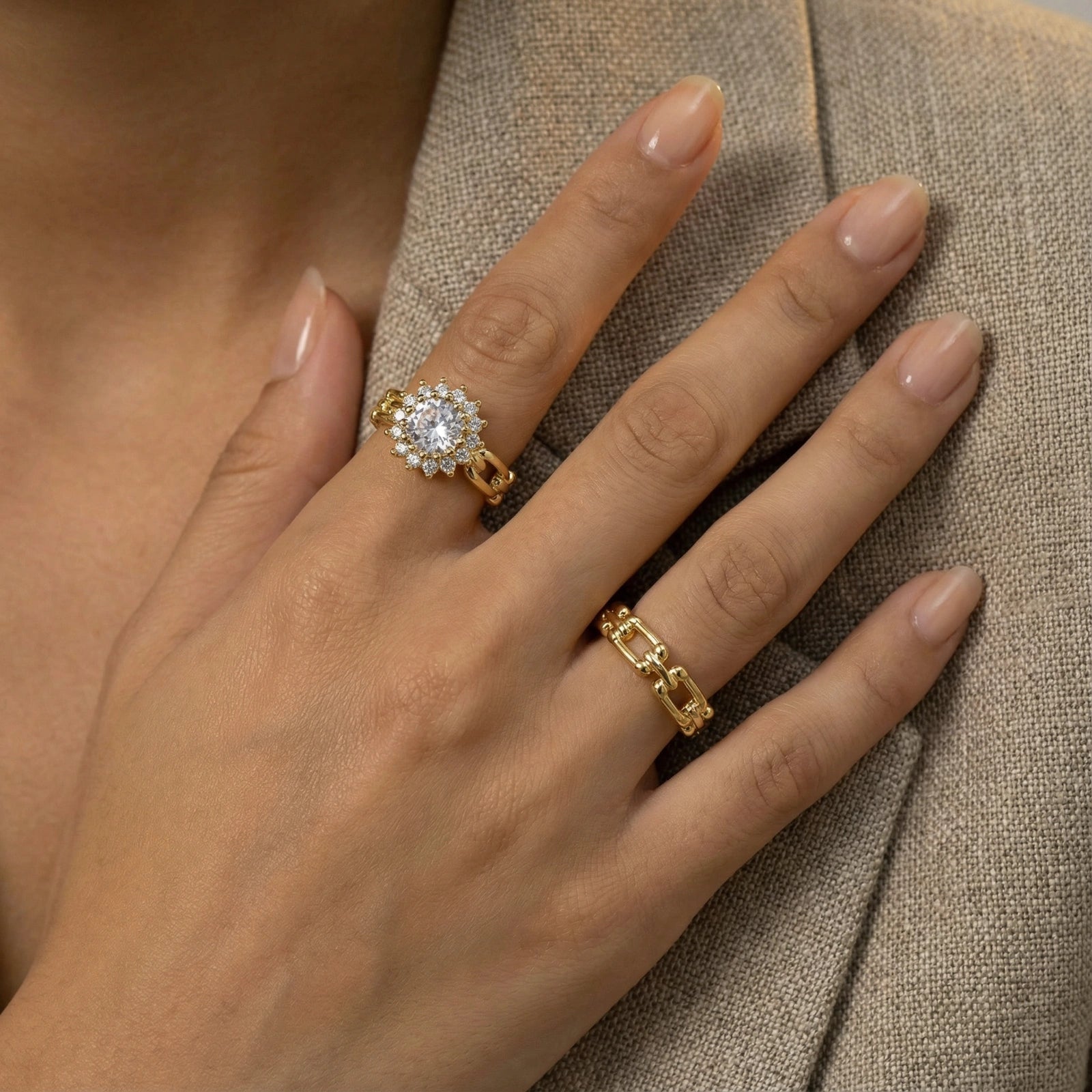 Golden Hour Chain Ring Set In 18K Gold Plated Eco-Brass With Cubic Zirconia