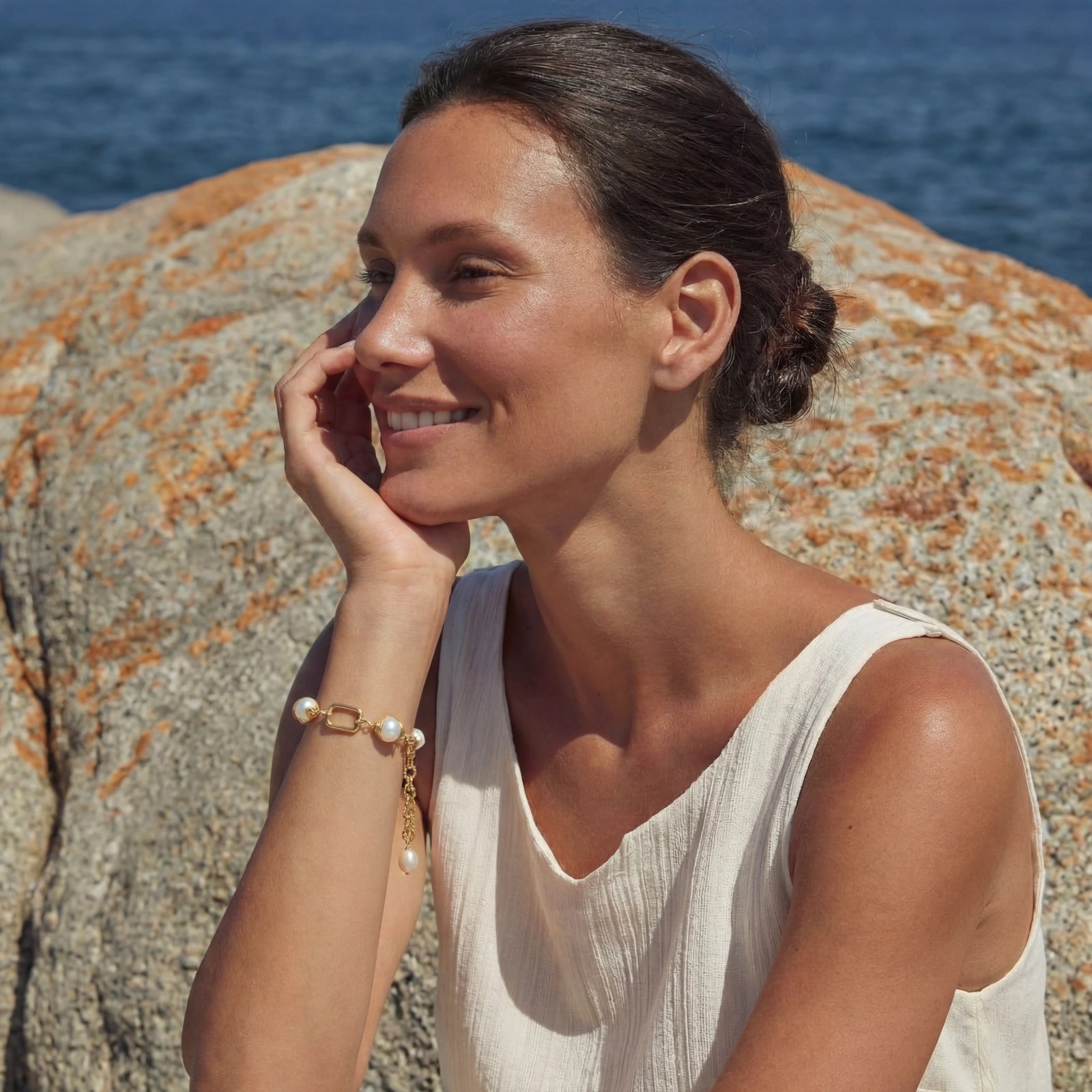 Golden Pearl Chain Bracelet For Women In 14K Gold Plated Eco-Brass