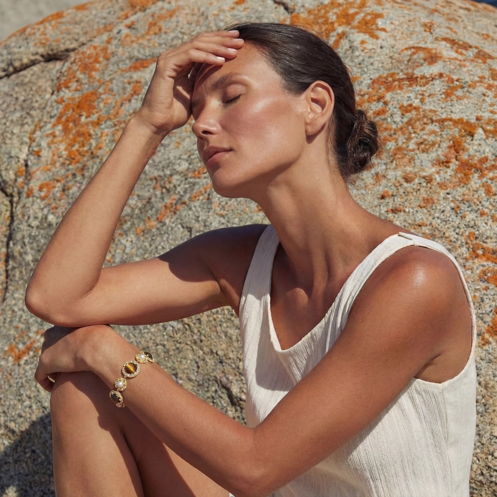 Tiger's Eye Pearl Wisdom Bracelet In 14K Gold Plated Eco-Brass