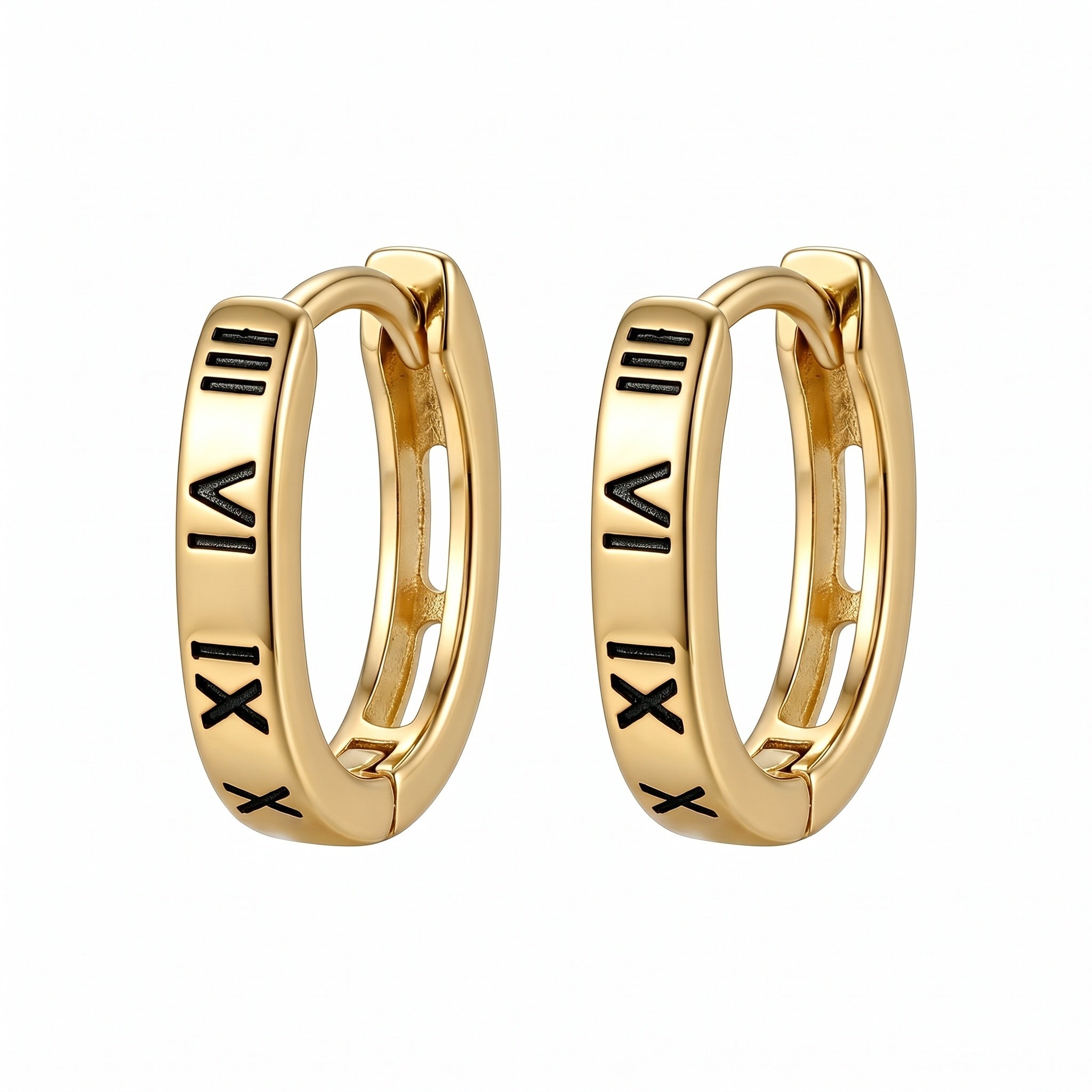 925 Sterling Silver Roman Numeral Engraved Huggie Hoop Earrings
