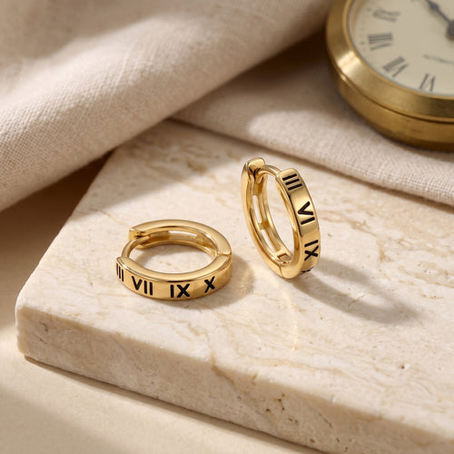 925 Sterling Silver Roman Numeral Engraved Huggie Hoop Earrings