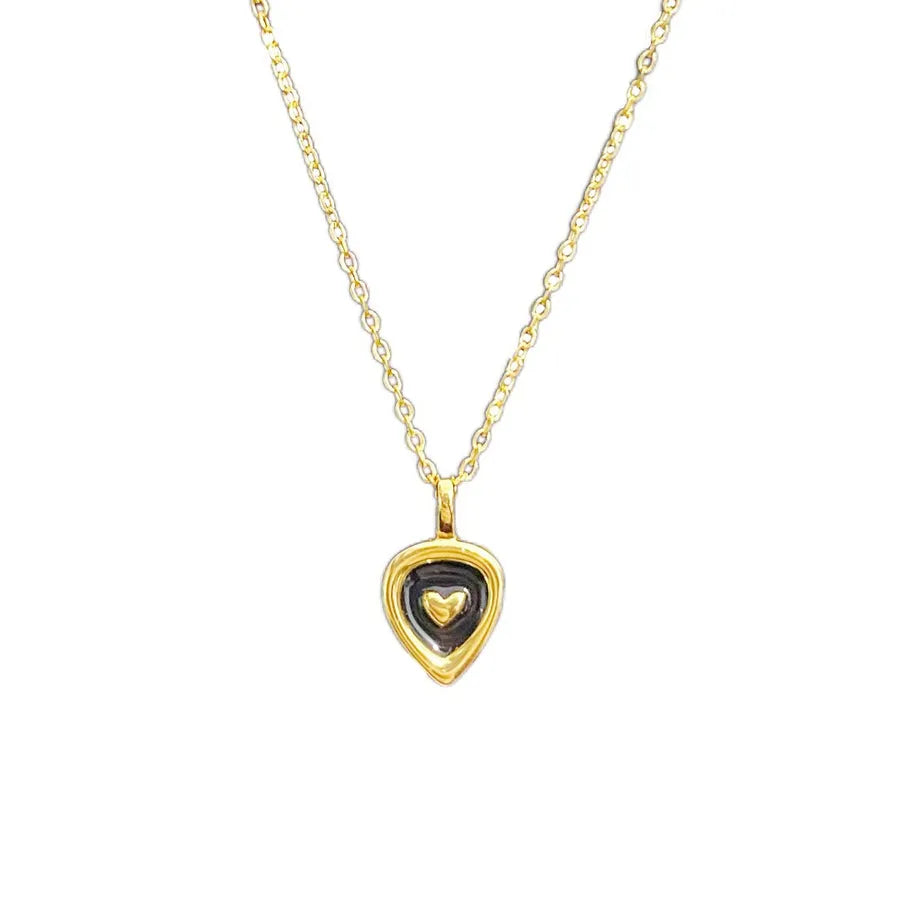 18K gold plated heart pendant necklace with black enamel center and delicate chain