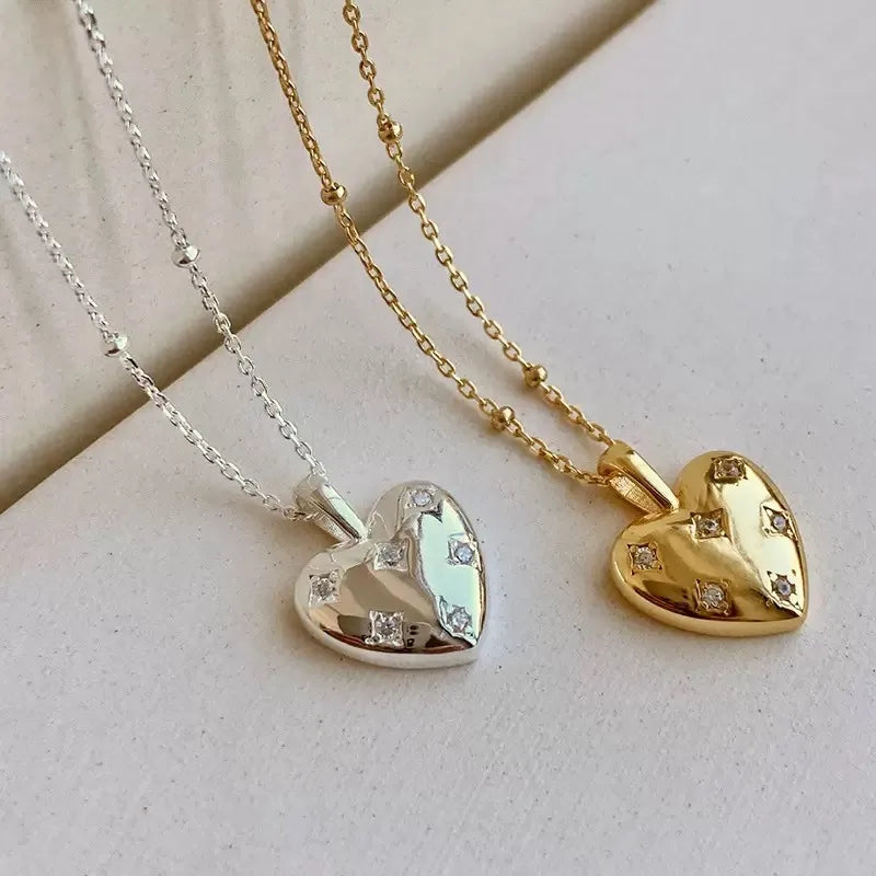 Gold and silver heart pendant necklaces with cubic zirconia, demi-fine jewelry