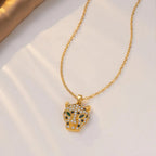 18K gold plated chain necklace with leopard head pendant, studded with crystals, demi-fine jewelry